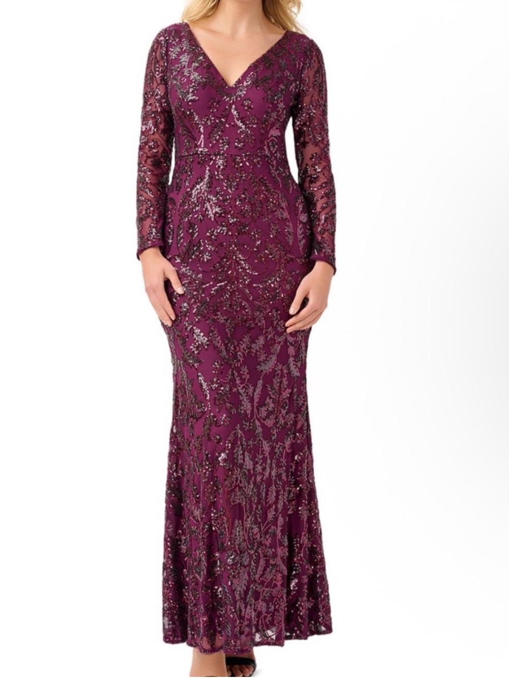 Adrianna Papell Beautiful Plum Long-Sleeve Sequin Evening Gown Plus Size 16
NWT